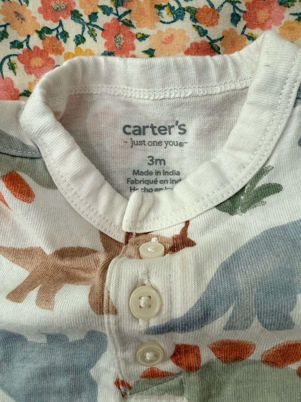 Carter's Baby Boy Dinosaur Print Romper Size 3M White Long Sleeve One-Piece